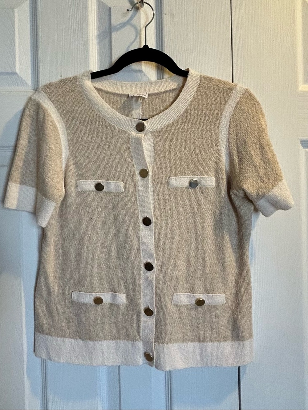 ecru Short-Sleeve Knit Cardigan in Beige and White Trim